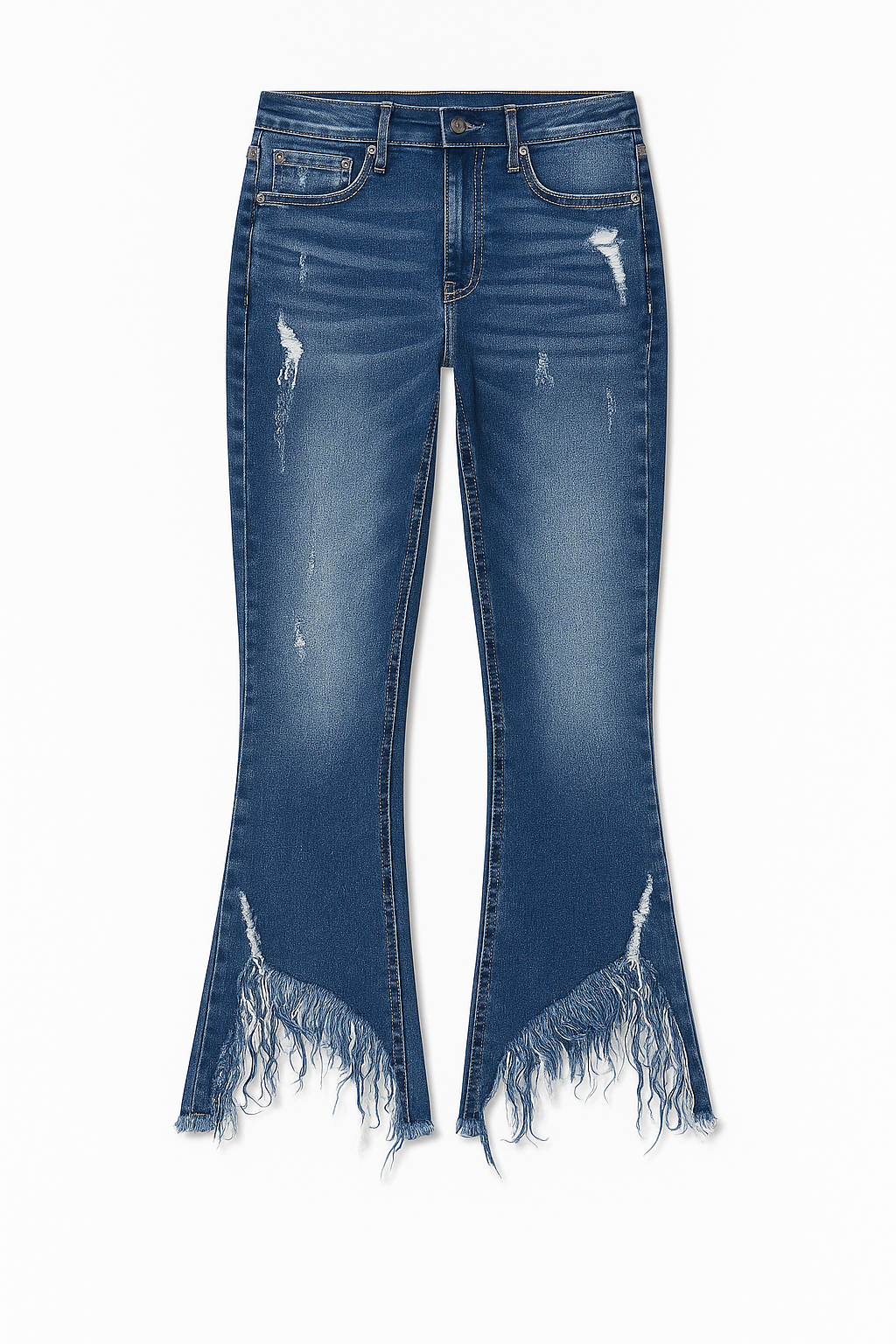 Blue jeans with frayed hem on a white background